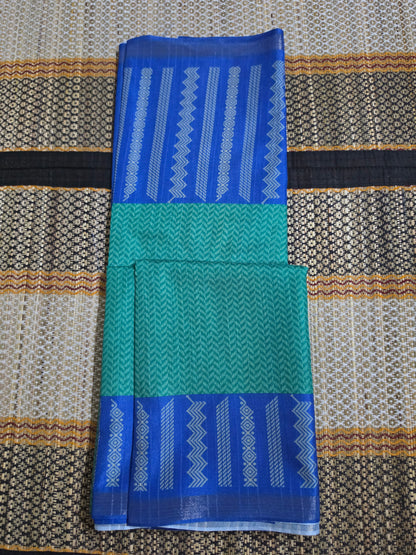 Semi Tusser Saree - Sea Green (Body) - Royal Blue (Pallu & Border) - STS100053
