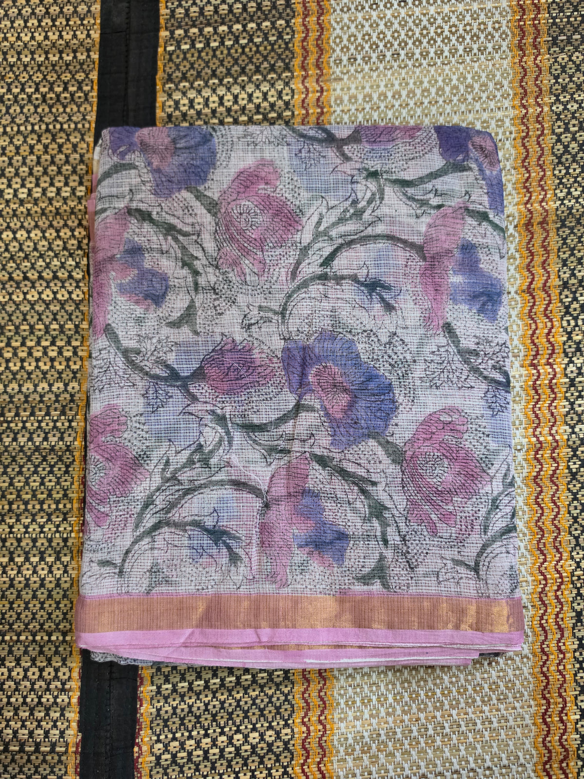 Kota Doria Saree with Purple and Pink Floral Print Handblocked - CKDS100154