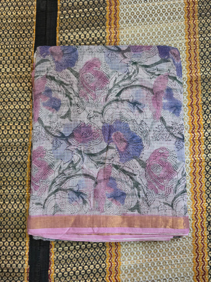 Kota Doria Saree with Purple and Pink Floral Print Handblocked - CKDS100154