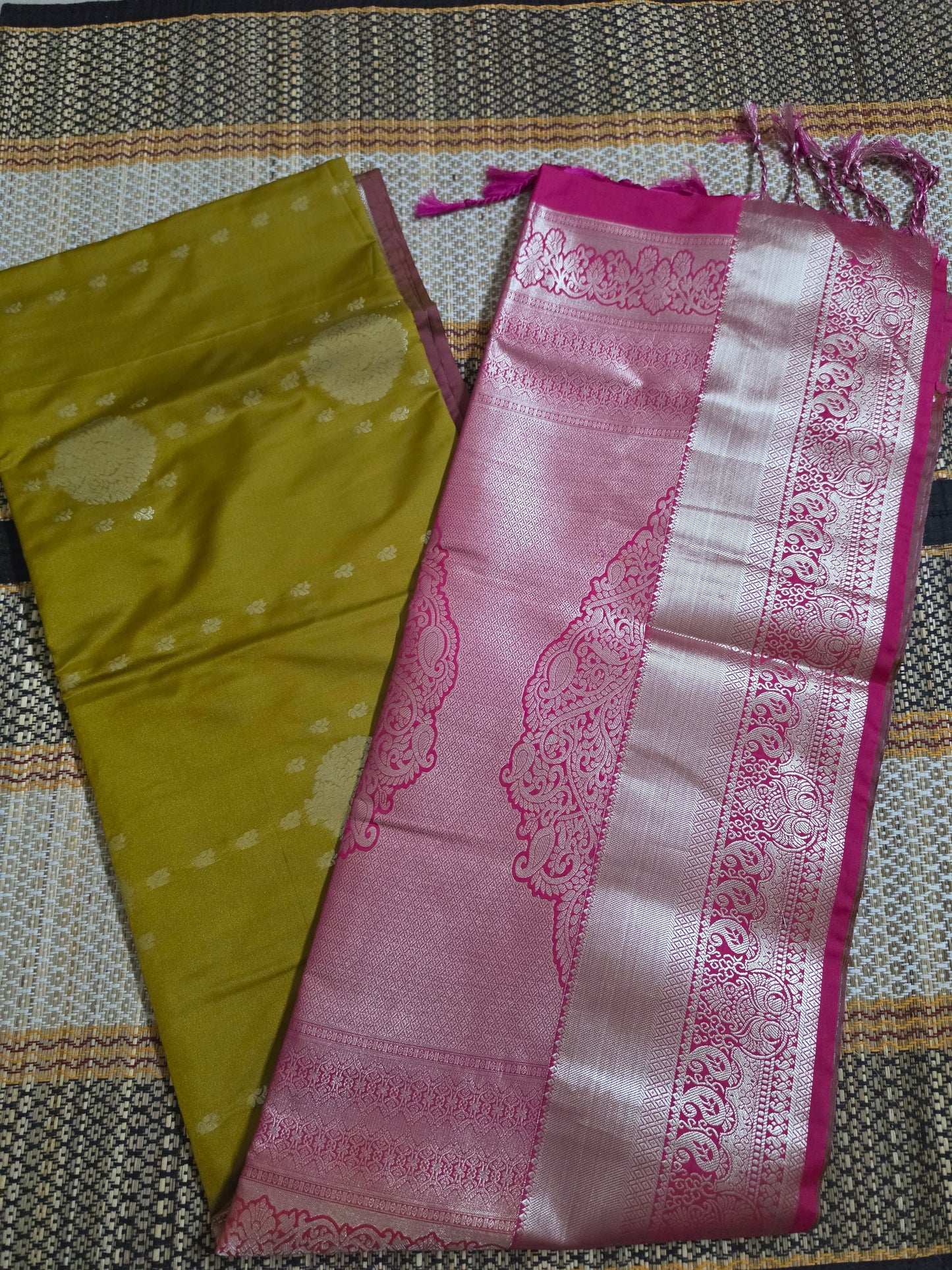 Chartreuse Green and Magenta Contrast Silk Saree with Silver Brocade - SSS100151