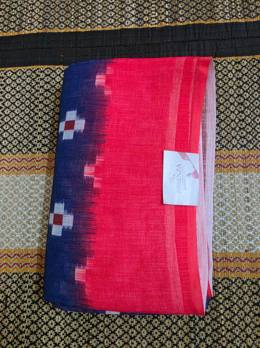 Linen Cotton Saree Navy Blue & Coral Digital Print Digital Printed - LCS100137