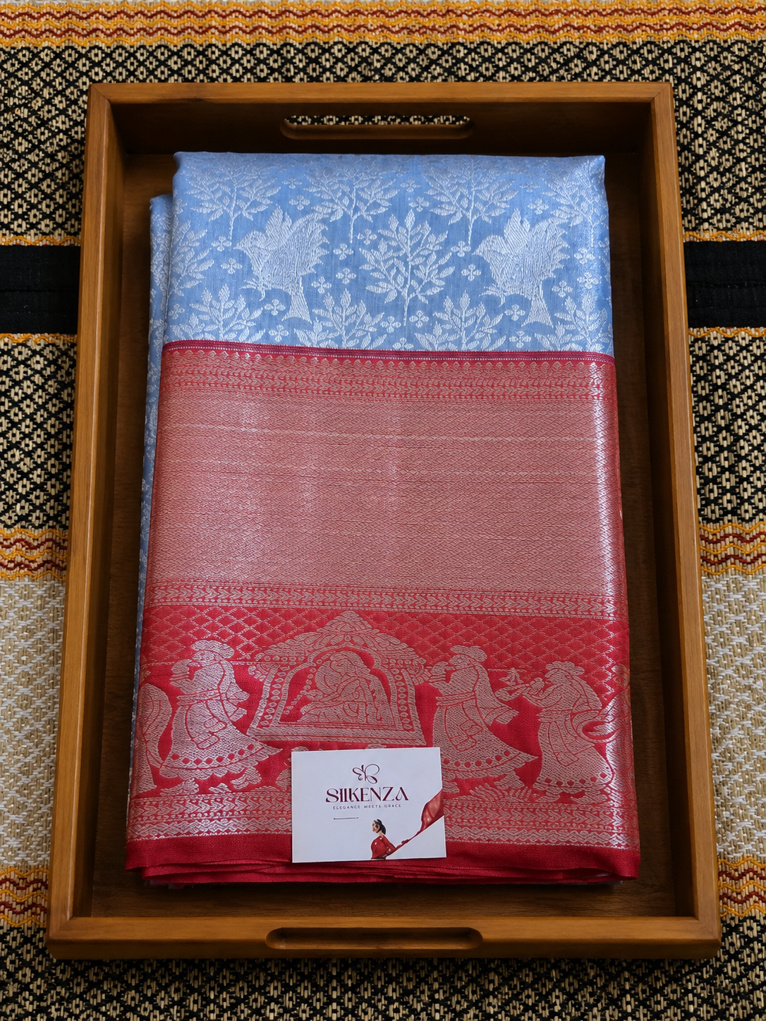 Ice Blue Bridal Silk Saree with Crimson Red Doli Motif Border - BSS100149