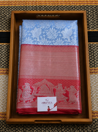 Ice Blue Bridal Silk Saree with Crimson Red Doli Motif Border - BSS100149