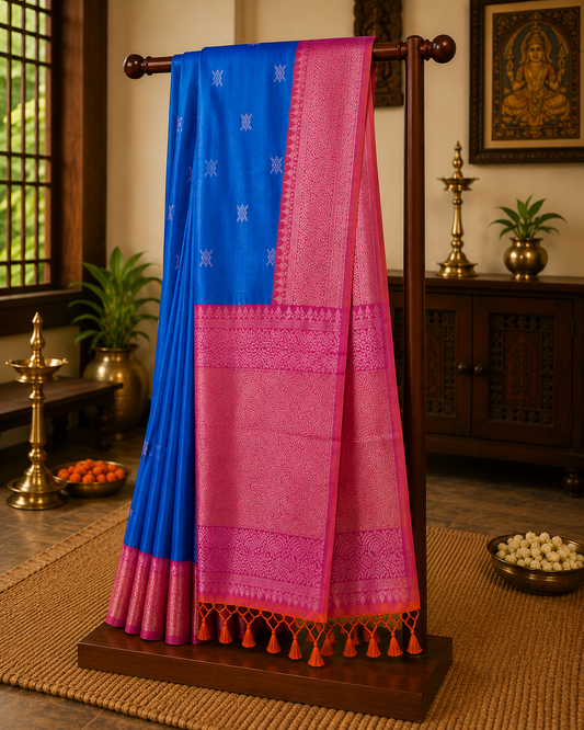Pure Soft Silk Saree - Peacock Blue & Dark Orange (Handloom mark and Silk Mark) - PS100037