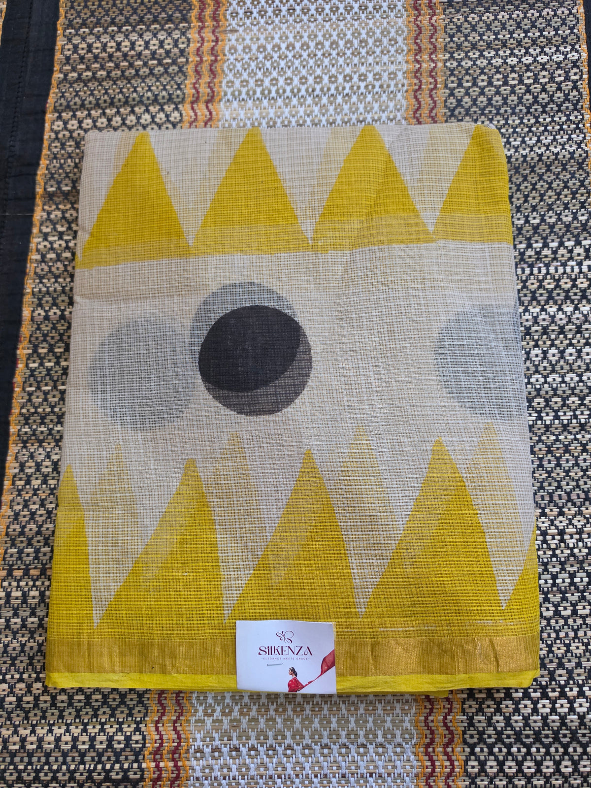 Off-White Kota Doria Saree with Yellow Triangle & Grey Circle Handblocked - CKDS100153