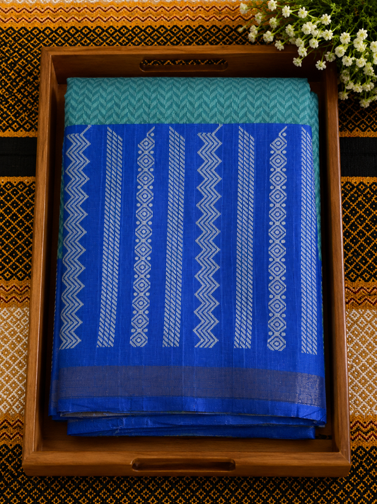 Semi Tusser Saree - Sea Green (Body) - Royal Blue (Pallu & Border) - STS100053