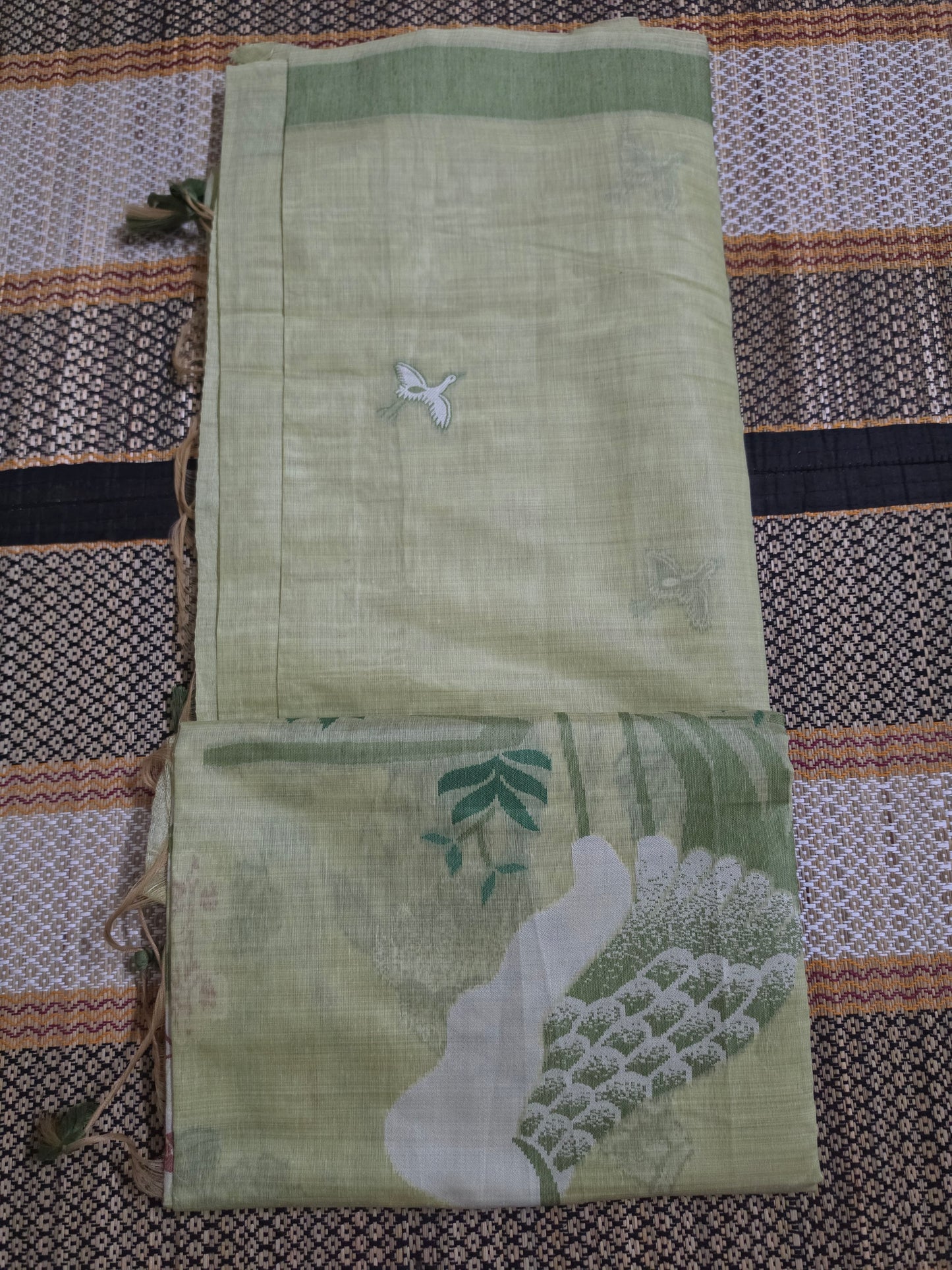 Muga Cotton Silk Saree - Pastel Pistachio Green Body - Sage Green Border - Soft Pink & White Accents - MC100055