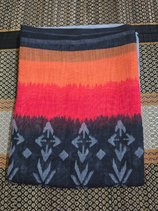 Linen Cotton Saree - Orange & Red Digital Print