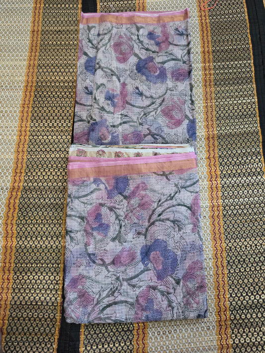 Kota Doria Saree with Purple and Pink Floral Print Handblocked - CKDS100154