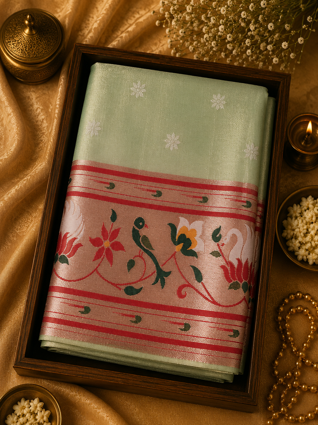 Paithani Saree - Pista Green & Coral Red Contrast Model Lotus and Peacock-Inspired Floral Motifs - PS100047
