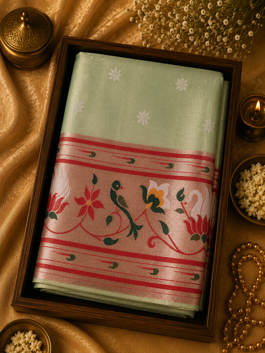 Paithani Saree - Pista Green & Coral Red Contrast Model Lotus and Peacock-Inspired Floral Motifs - PS100047