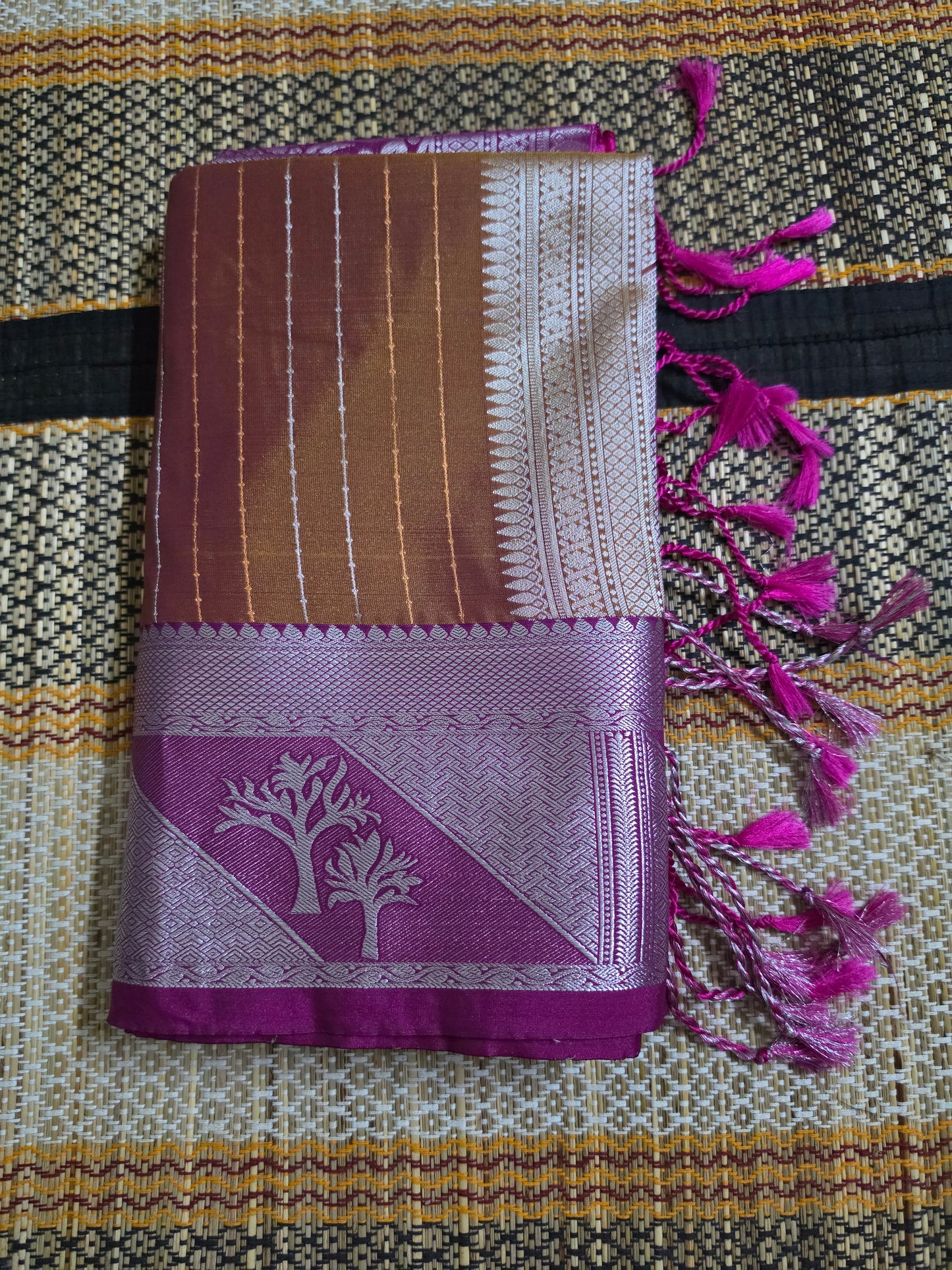 Copper Brown Silk Saree with Magenta Tree Motif Border - SSS100150
