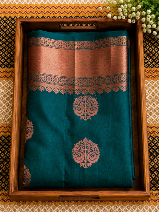 Pure Silk Saree certified with the Silk Mark - Dark Green shade with elegant Copper Butas and a stunning Copper Zari Border - PS1000146