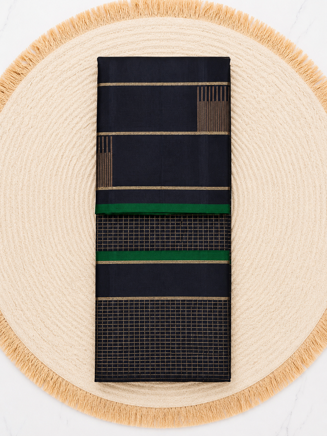 Pure Silk Vaira Oosi Saree - Black & Bottle Green with Silk mark - PS100030