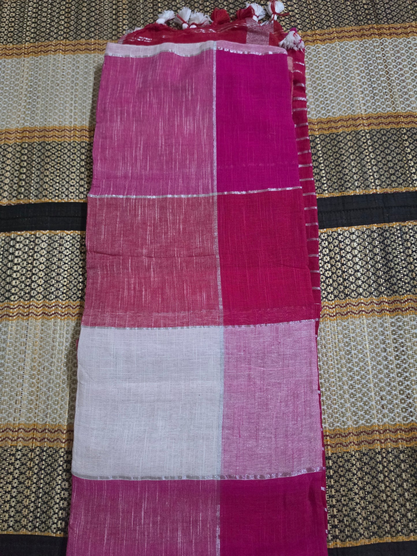 Linen Cotton Multicolor Saree - Red - LC100057