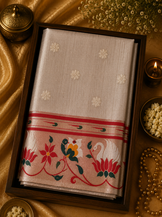 Paithani Saree - Cream & Coral Red Contrast Model Lotus and Peacock-Inspired Floral Motifs - PS100048