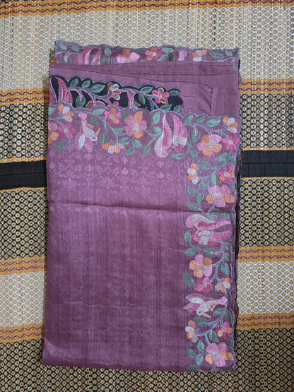 Tussar Silk Saree Embroidered   – Wine Purple with Multicolored Threadwork - TSS100144