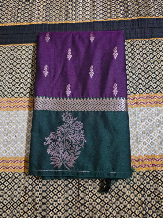 Semi Silk Saree - Royal Purple Teal Green Pallu ,with Golden Zari & Flower Motif ( Handloom Saree ) - SSS100051