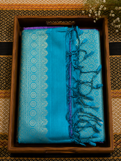 Pure Soft Silk Saree - Lavender Saree with Contrast Turquoise Blue Pallu with Golden Zari Border (Handloom mark and Silk Mark)