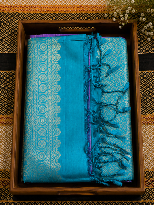 Pure Soft Silk Saree - Lavender Saree with Contrast Turquoise Blue Pallu with Golden Zari Border (Handloom mark and Silk Mark)