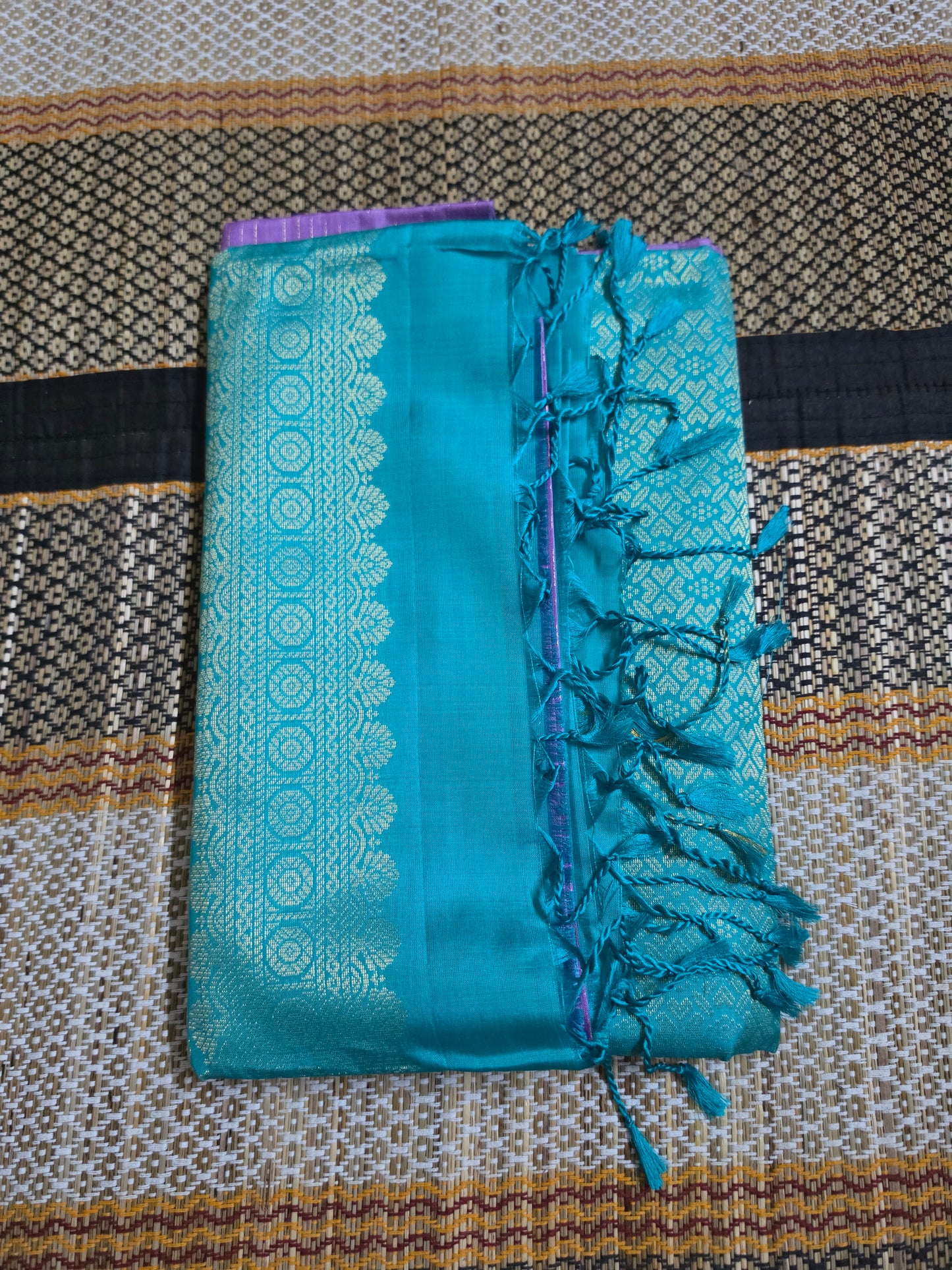 Pure Soft Silk Saree - Lavender Saree with Contrast Turquoise Blue Pallu with Golden Zari Border (Handloom mark and Silk Mark)