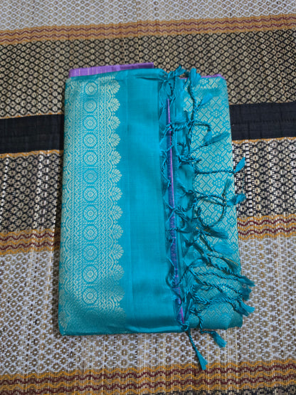 Pure Soft Silk Saree - Lavender Saree with Contrast Turquoise Blue Pallu with Golden Zari Border (Handloom mark and Silk Mark)