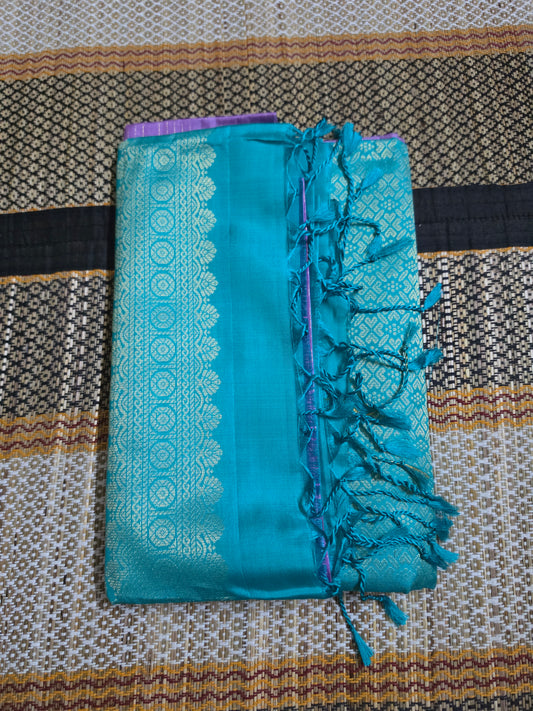 Pure Soft Silk Saree - Lavender Saree with Contrast Turquoise Blue Pallu with Golden Zari Border (Handloom mark and Silk Mark)