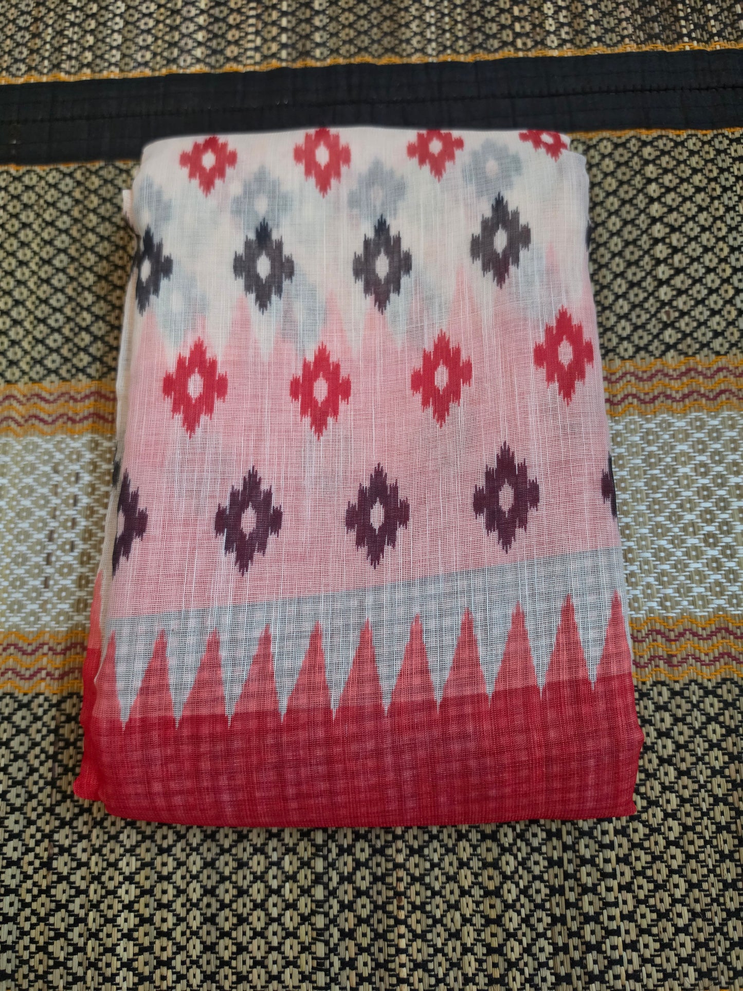 Linen Cotton Saree Pochampalli Design Red Digital Printed - LCS100071