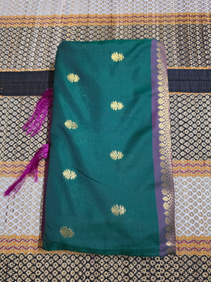 Semi Banarasi Saree - Emerald Green Body × Royal Purple Border & Pallu - Rich Gold Zari - SB100054
