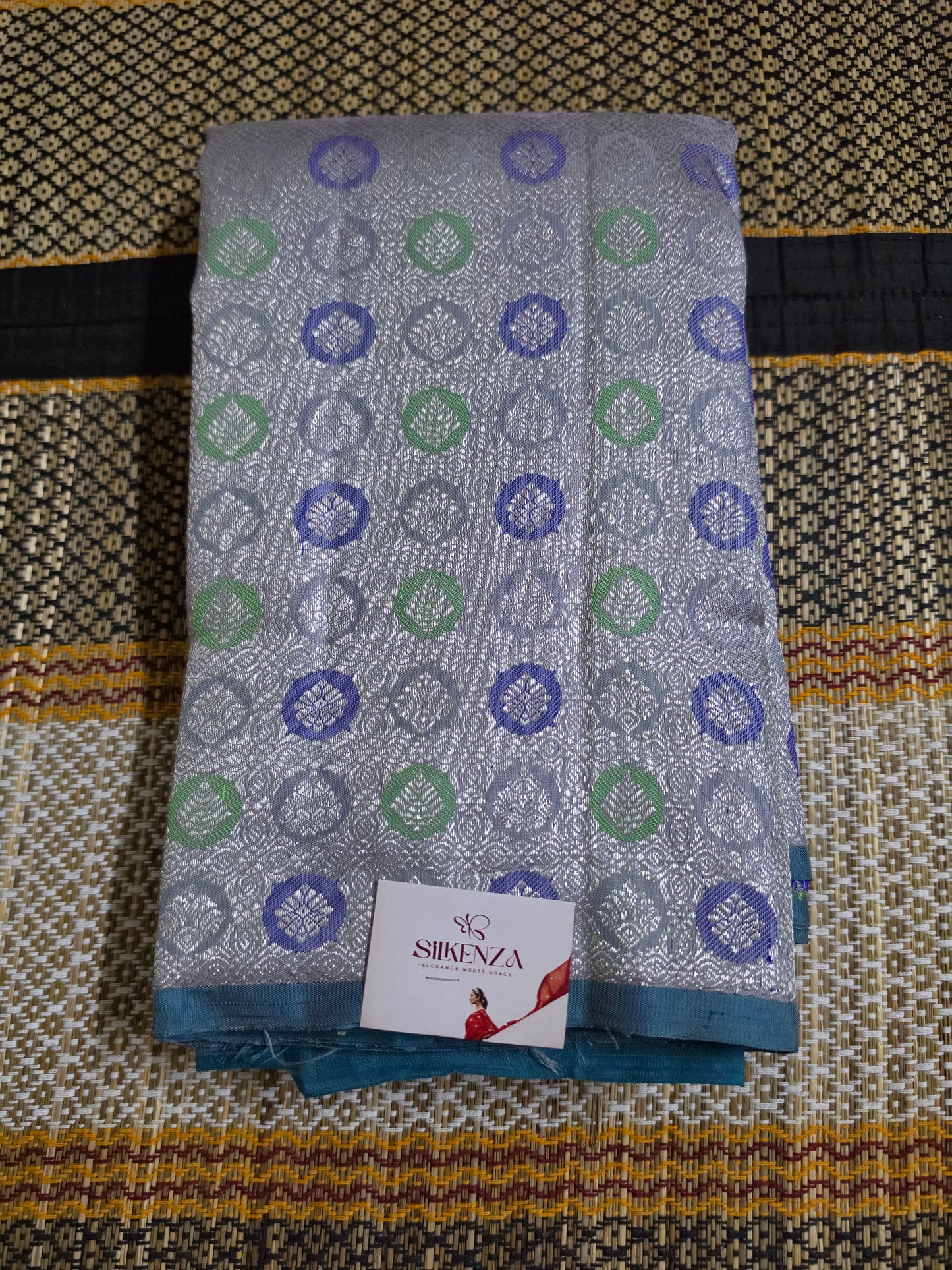 Silver Pure Silk Saree with Teal Paisley Zari Pallu - PS1000142