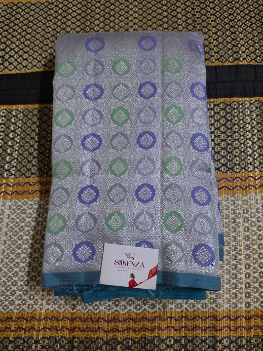 Silver Pure Silk Saree with Teal Paisley Zari Pallu - PS1000142