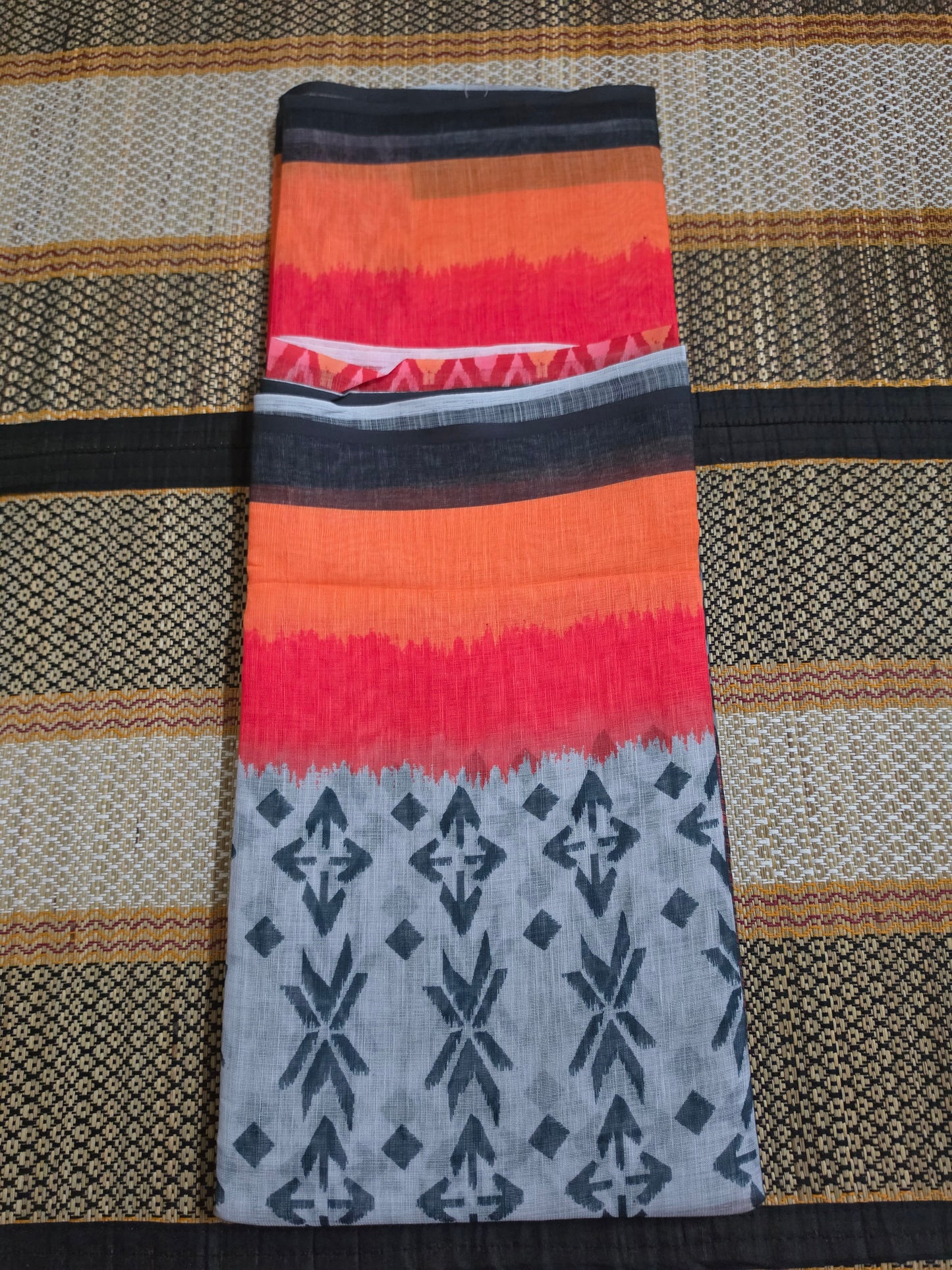 Linen Cotton Saree - Orange & Red Digital Print