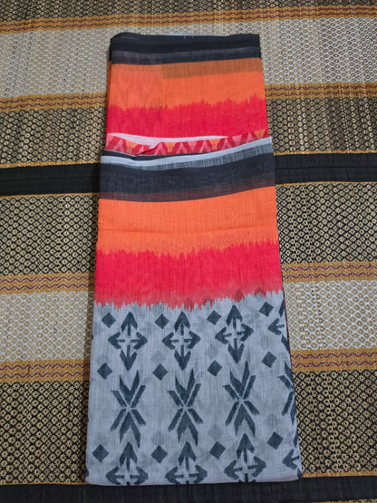 Linen Cotton Saree - Orange & Red Digital Print