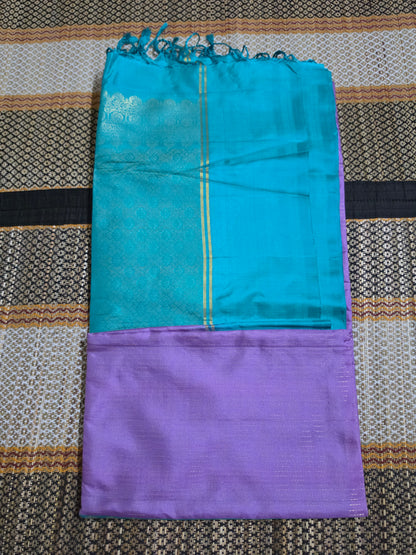 Pure Soft Silk Saree - Lavender Saree with Contrast Turquoise Blue Pallu with Golden Zari Border (Handloom mark and Silk Mark)