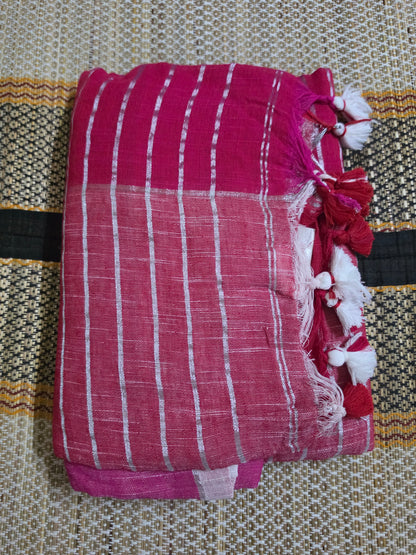Linen Cotton Multicolor Saree - Red - LC100057