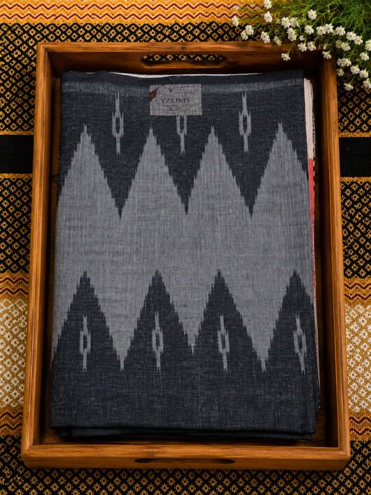 Linen Cotton Saree Grey & Coral Pink Ikat Digital Print - LCS100074