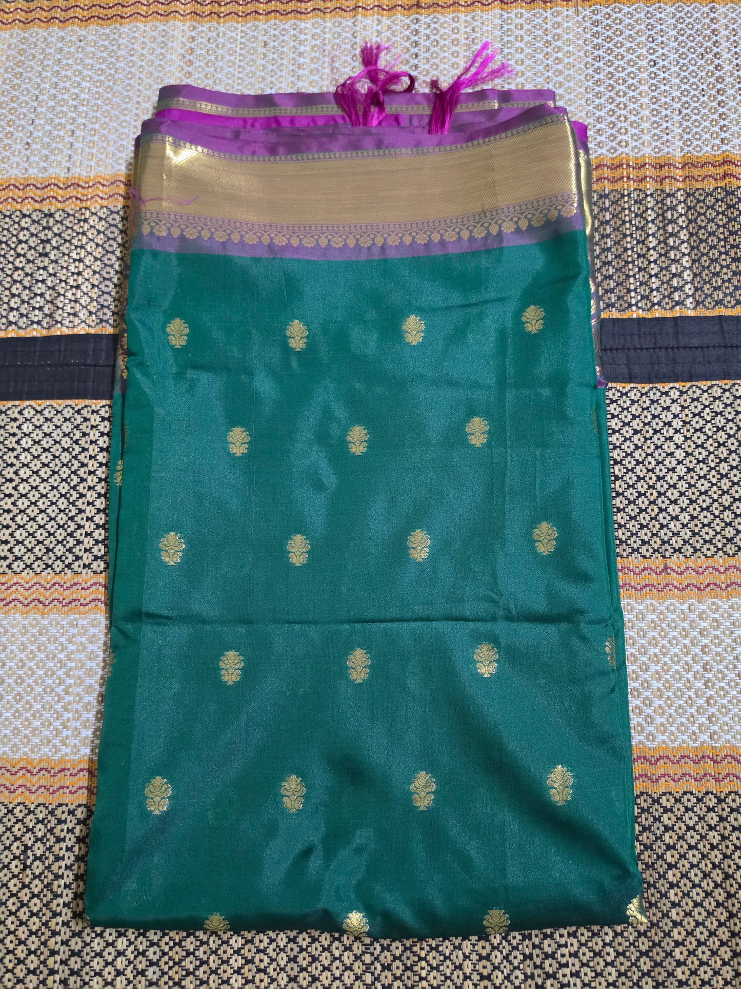 Semi Banarasi Saree - Emerald Green Body × Royal Purple Border & Pallu - Rich Gold Zari - SB100054