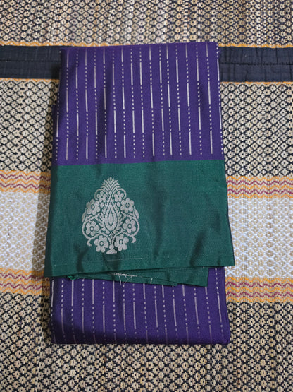 Semi Silk Saree - Purple & Emerald Zari Stripe - SSS100064