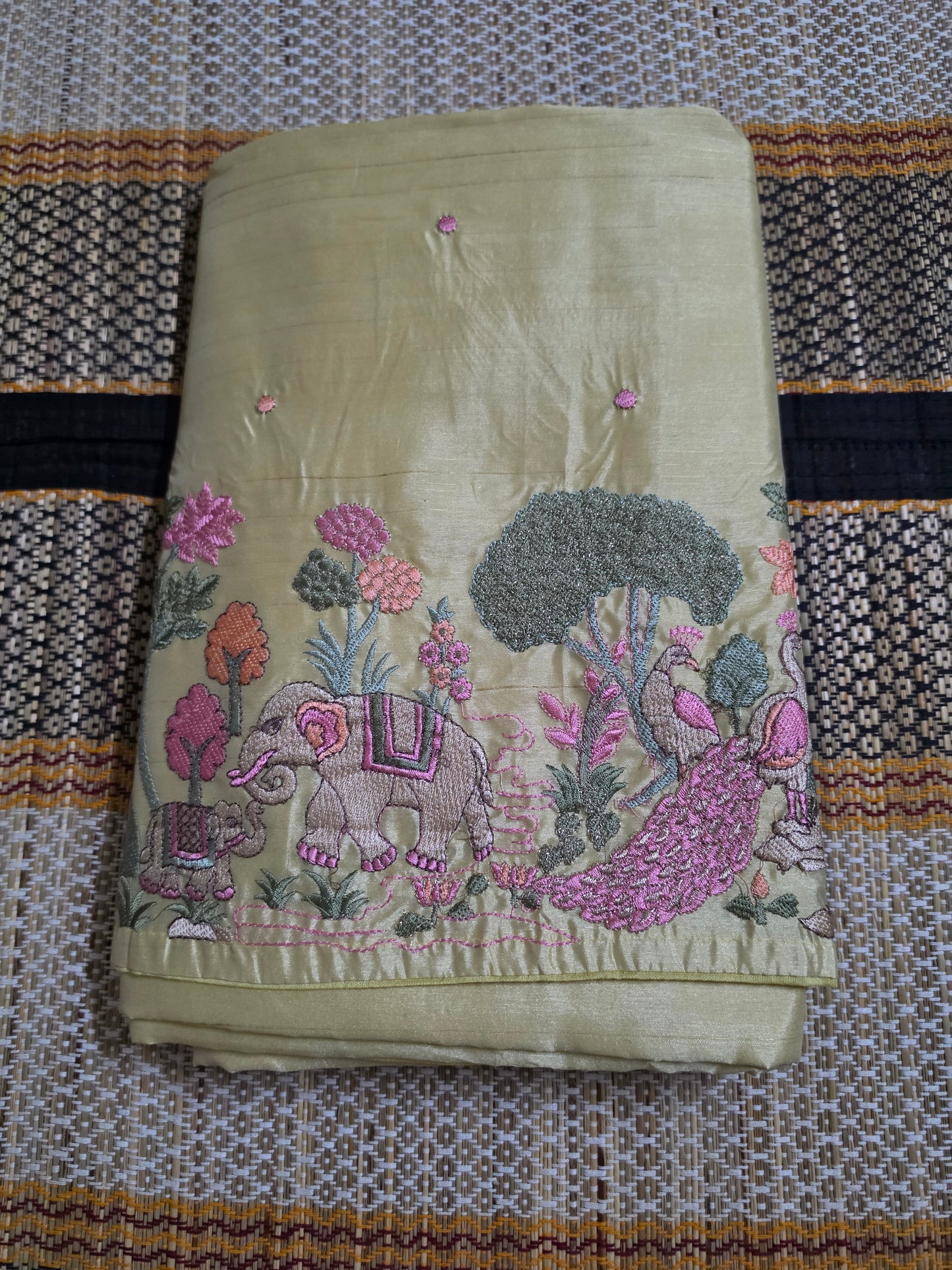 PURE TUSSAR SILK SAREE - Golden Yellow with Elephant and Peacock Thread - PTS100018