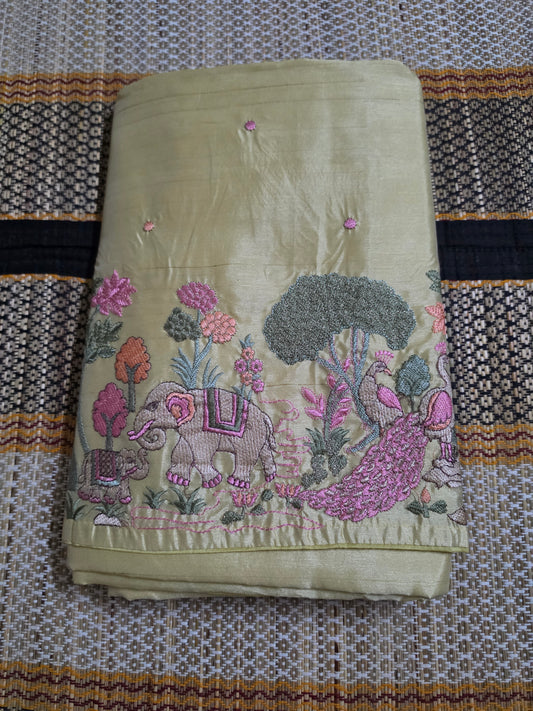 PURE TUSSAR SILK SAREE - Golden Yellow with Elephant and Peacock Thread - PTS100018