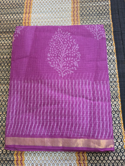 Magenta Kota Doria Saree with Leaf Block Print and Zari Border Handblocked CKDS100152