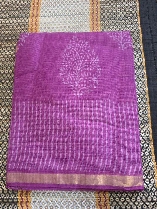 Magenta Kota Doria Saree with Leaf Block Print and Zari Border Handblocked CKDS100152